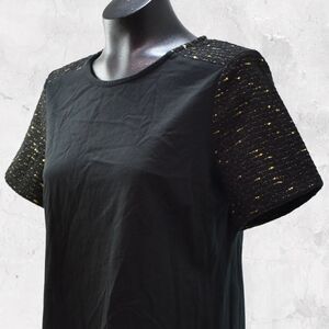 J Crew Black Knit Top Gold Metallic Trim Women's Small Back Zip Short Sleeve